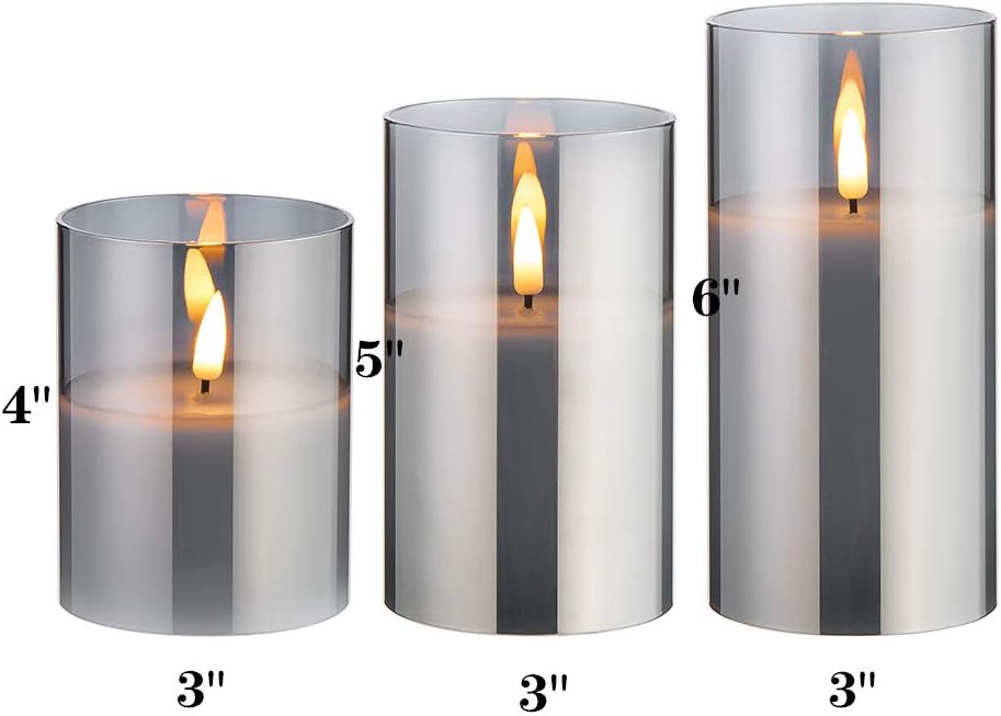 Eywamage Smoke Grey Glass Flameless Candles with Remote, Flickering Battery Operated LED Pillar Candles Set of 3