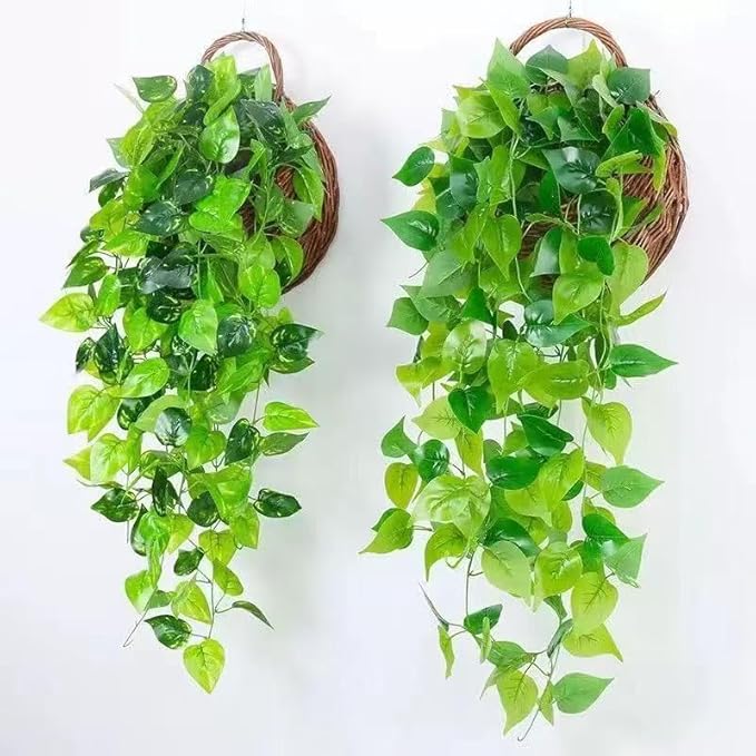 Fake Hanging Plants Vines 2pcs for Room Decor, Artificial Ivy Greenery Garlands for Home Bedroom Living Aesthetic Kitchen Office Wall Patio Bookshelf (No Basket)