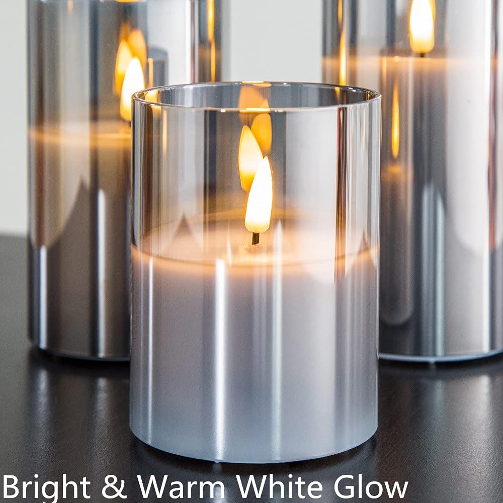 Eywamage Smoke Grey Glass Flameless Candles with Remote, Flickering Battery Operated LED Pillar Candles Set of 3