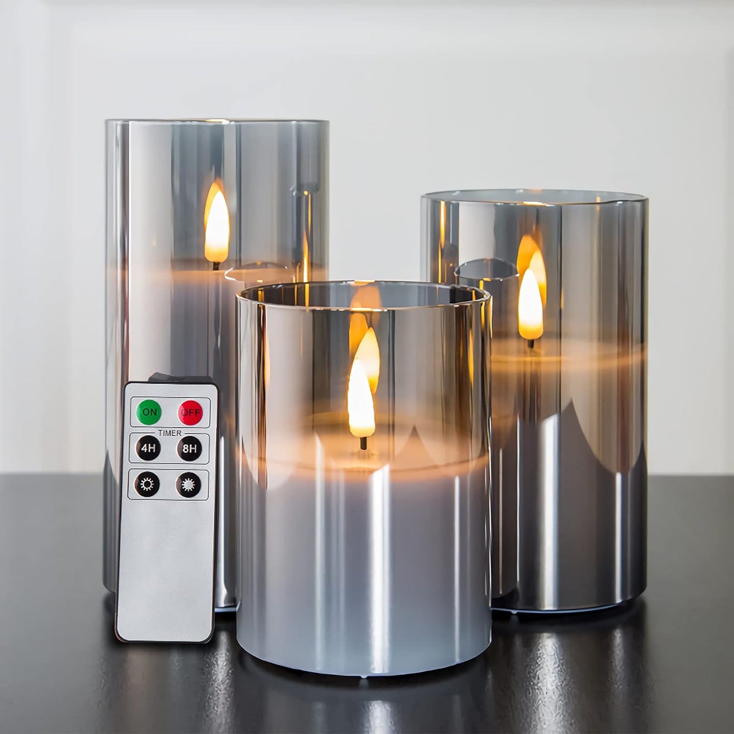 Eywamage Smoke Grey Glass Flameless Candles with Remote, Flickering Battery Operated LED Pillar Candles Set of 3