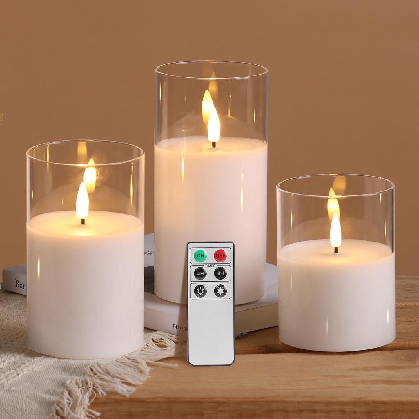Eywamage Smoke Grey Glass Flameless Candles with Remote, Flickering Battery Operated LED Pillar Candles Set of 3
