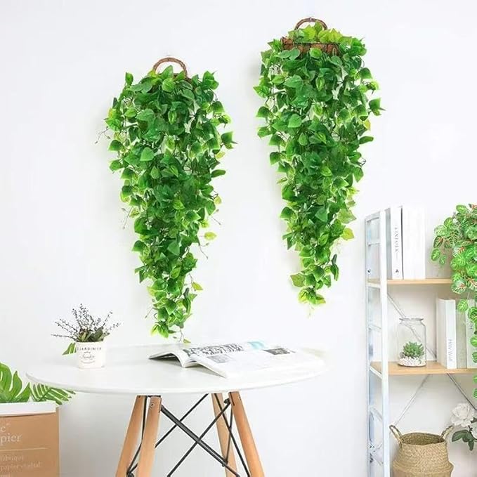 Fake Hanging Plants Vines 2pcs for Room Decor, Artificial Ivy Greenery Garlands for Home Bedroom Living Aesthetic Kitchen Office Wall Patio Bookshelf (No Basket)