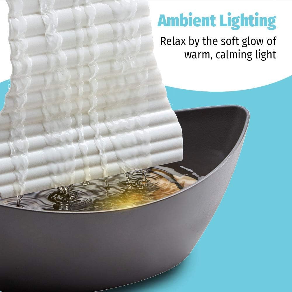 Homedics White Waters Relaxation Indoor Tabletop Fountain, Ambient LED Lighting and Natural Waterfall Sounds for Home, Office, Bedroom, Desktop, Spa and Décor, 6.10”x4.25”x10”