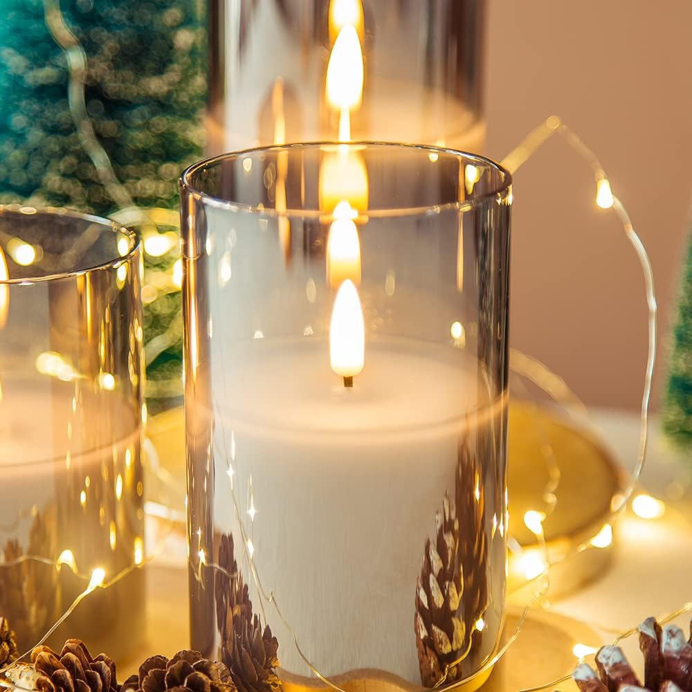 Eywamage Smoke Grey Glass Flameless Candles with Remote, Flickering Battery Operated LED Pillar Candles Set of 3