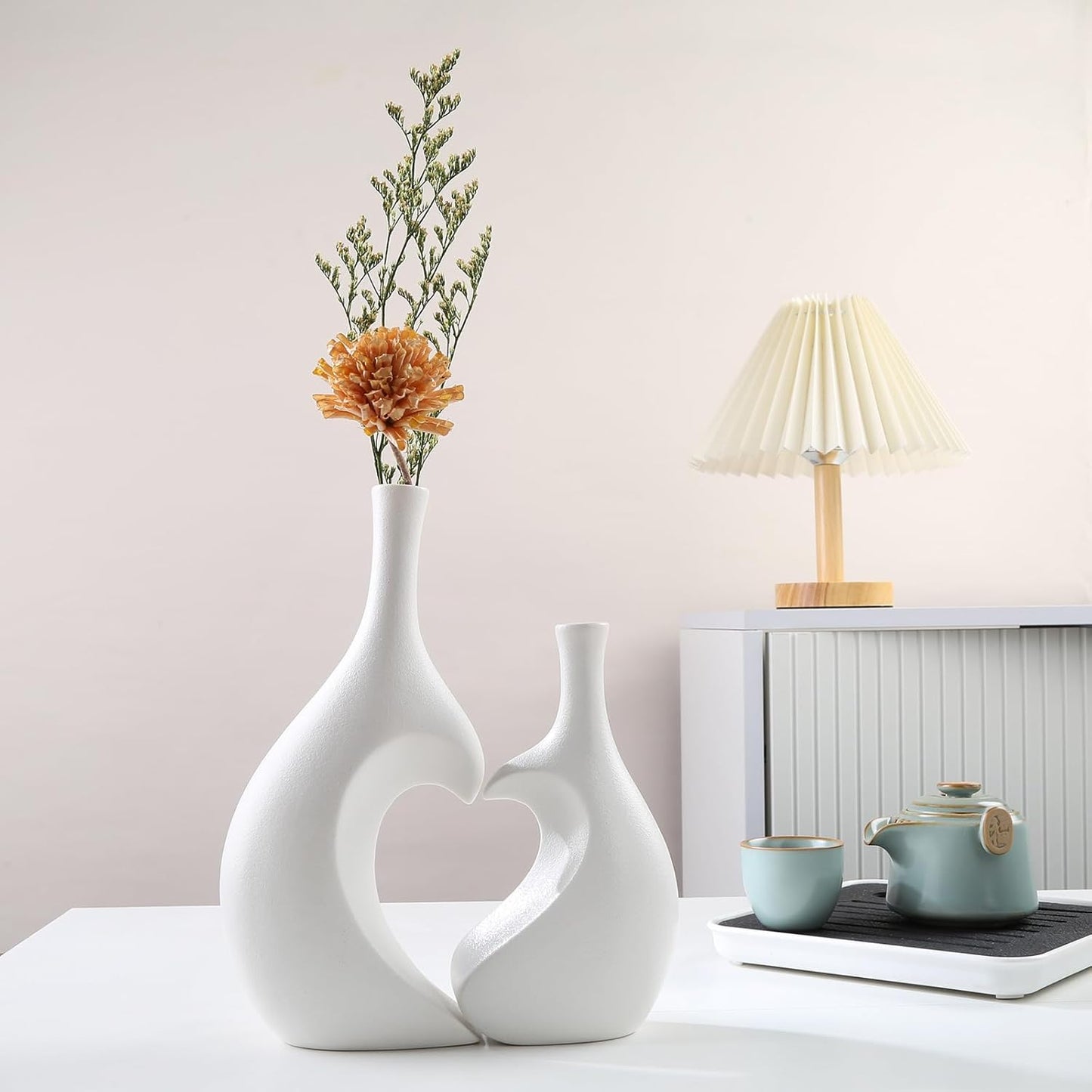 White Ceramic Vase Set of 2,Heart Shaped vase, Matte Frosted Texture Finish,Farmhouse Decor, Home Decor, Vases for Your Bedroom, Office, Living Room, Bathroom (White)