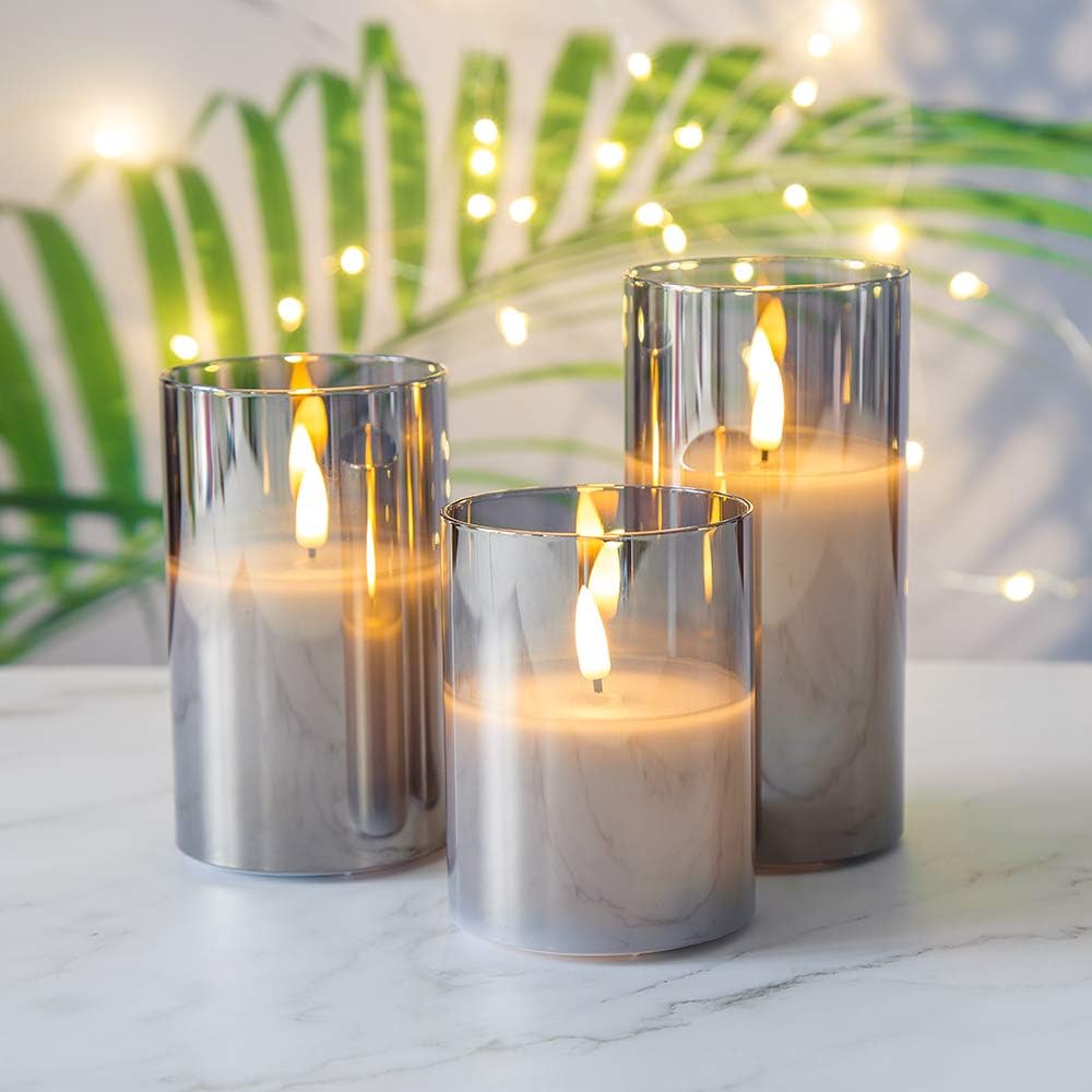 Eywamage Smoke Grey Glass Flameless Candles with Remote, Flickering Battery Operated LED Pillar Candles Set of 3