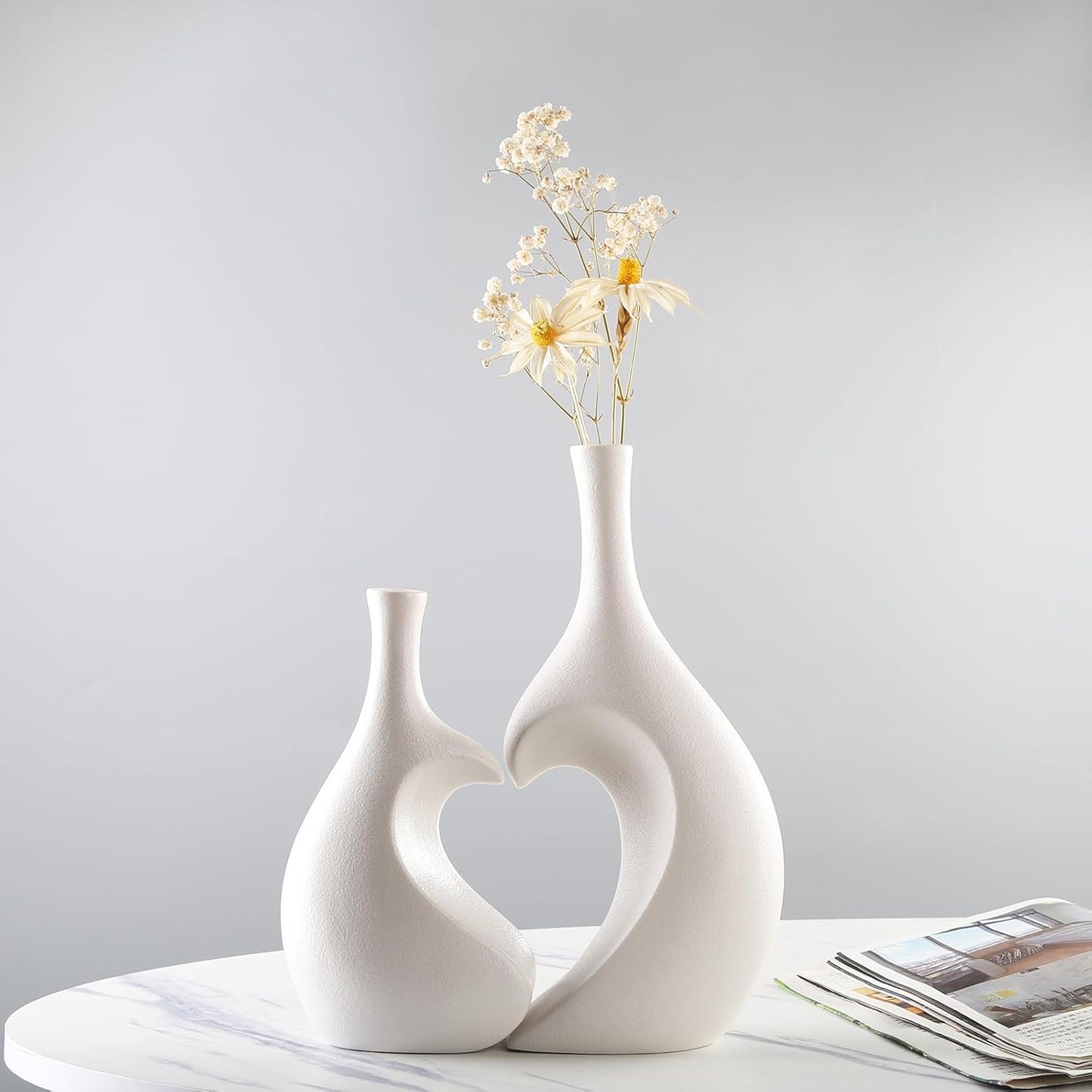 White Ceramic Vase Set of 2,Heart Shaped vase, Matte Frosted Texture Finish,Farmhouse Decor, Home Decor, Vases for Your Bedroom, Office, Living Room, Bathroom (White)