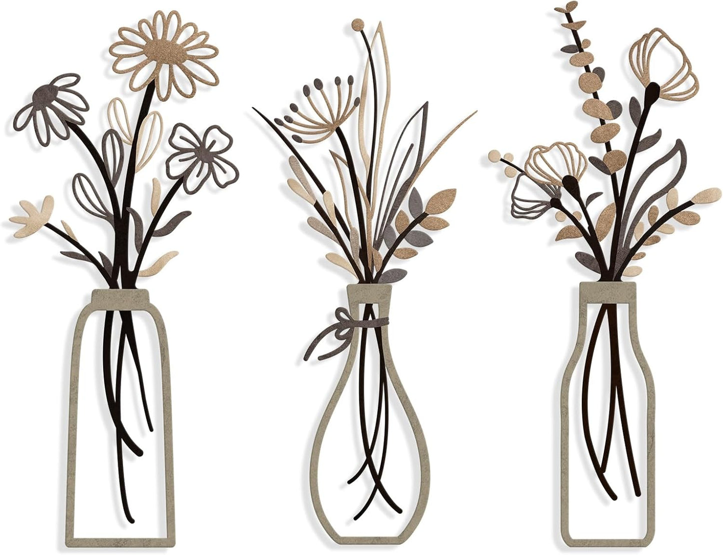 Pigort 3 Pieces Metal Flowers Wall Arts - Rustic Farmhouse Decor Beige Minimalist Flower Wall Decors for Living room Bathroom Bedroom Dining Room-Housewarming Gifts (Beige, Vase-C)