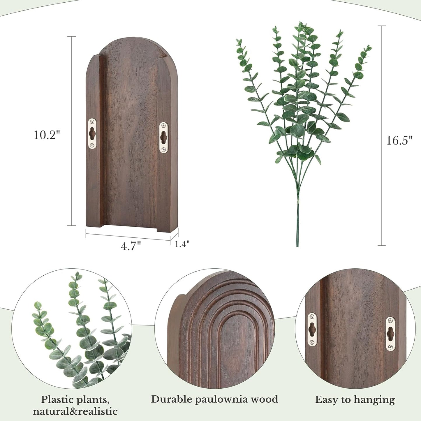 Dahey Wood Wall Vase Planter with Artificial Eucalyptus, 2 Pack Hanging Planter for Indoor Fake Plants Modern Boho Farmhouse Wall Art Decor for Bathroom Bedroom Kitchen Office Home Decoration, Brown