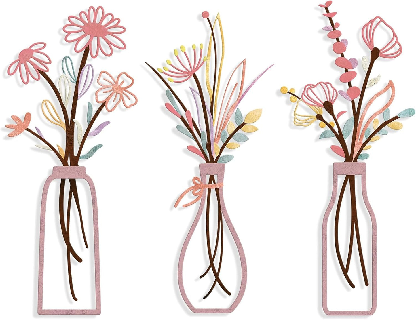 Pigort 3 Pieces Metal Flowers Wall Arts - Rustic Farmhouse Decor Beige Minimalist Flower Wall Decors for Living room Bathroom Bedroom Dining Room-Housewarming Gifts (Beige, Vase-C)