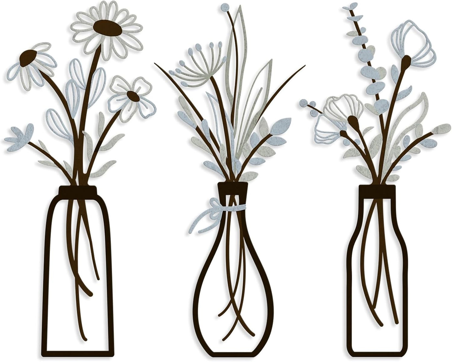 Pigort 3 Pieces Metal Flowers Wall Arts - Rustic Farmhouse Decor Beige Minimalist Flower Wall Decors for Living room Bathroom Bedroom Dining Room-Housewarming Gifts (Beige, Vase-C)