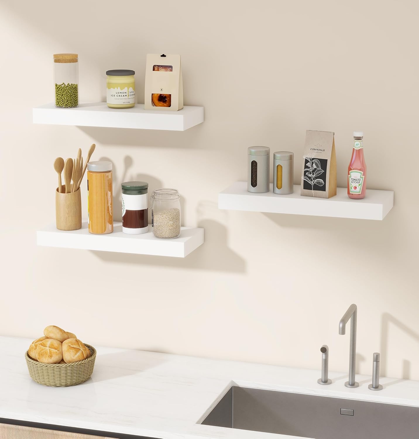 Vervida Floating Shelves 3 Pack of 15 in White for Home Decor and Storage, Kitchen, Living Room, Bedroom, Bathroom, Office, Hanging Shelf with Invisible Brackets Wall Shelves Floating Shelf
