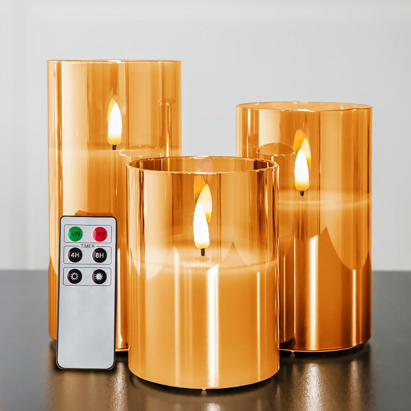 Eywamage Smoke Grey Glass Flameless Candles with Remote, Flickering Battery Operated LED Pillar Candles Set of 3