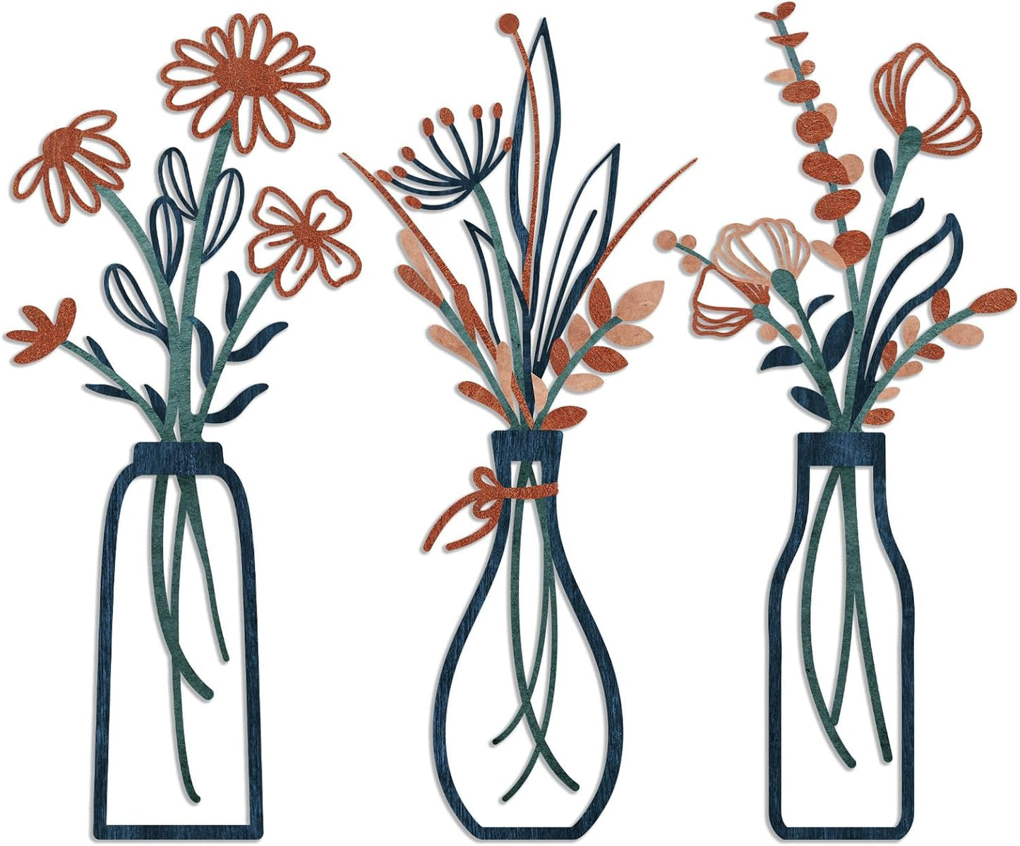 Pigort 3 Pieces Metal Flowers Wall Arts - Rustic Farmhouse Decor Beige Minimalist Flower Wall Decors for Living room Bathroom Bedroom Dining Room-Housewarming Gifts (Beige, Vase-C)