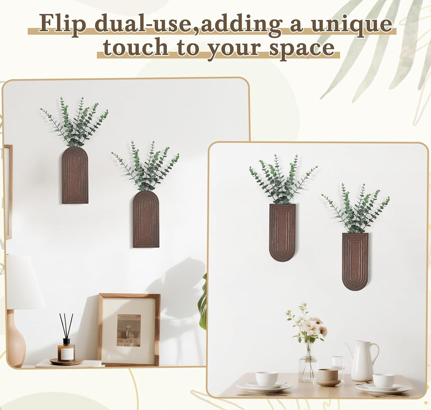 Dahey Wood Wall Vase Planter with Artificial Eucalyptus, 2 Pack Hanging Planter for Indoor Fake Plants Modern Boho Farmhouse Wall Art Decor for Bathroom Bedroom Kitchen Office Home Decoration, Brown