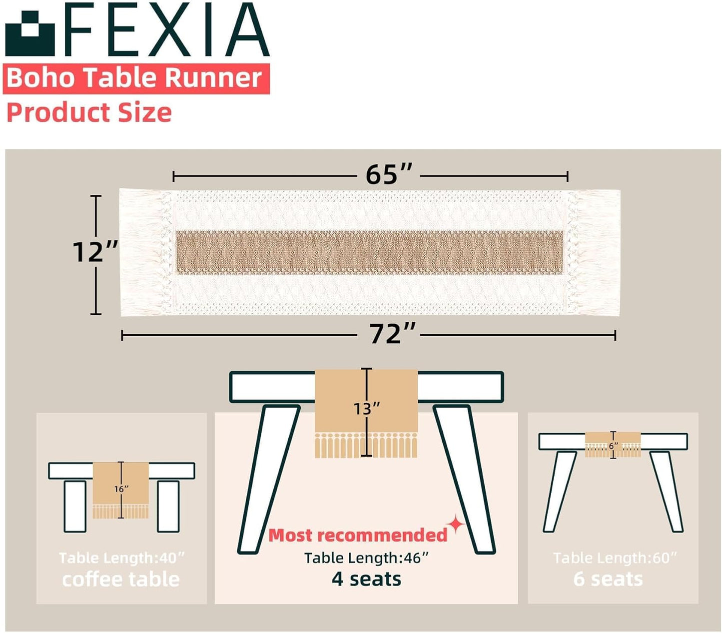 FEXIA Boho Table Runner for Fall Home Decor with Tassels 72 Inches Long Farmhouse Rustic Table Runner Macrame Burlap Table Decoration for Living Room Bridal Shower(12x72 Inches)