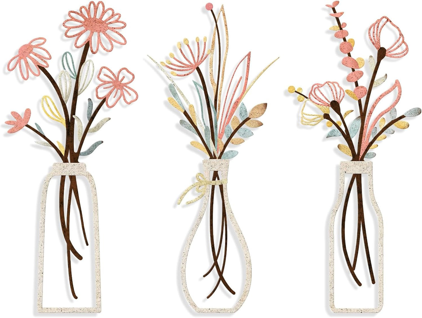 Pigort 3 Pieces Metal Flowers Wall Arts - Rustic Farmhouse Decor Beige Minimalist Flower Wall Decors for Living room Bathroom Bedroom Dining Room-Housewarming Gifts (Beige, Vase-C)
