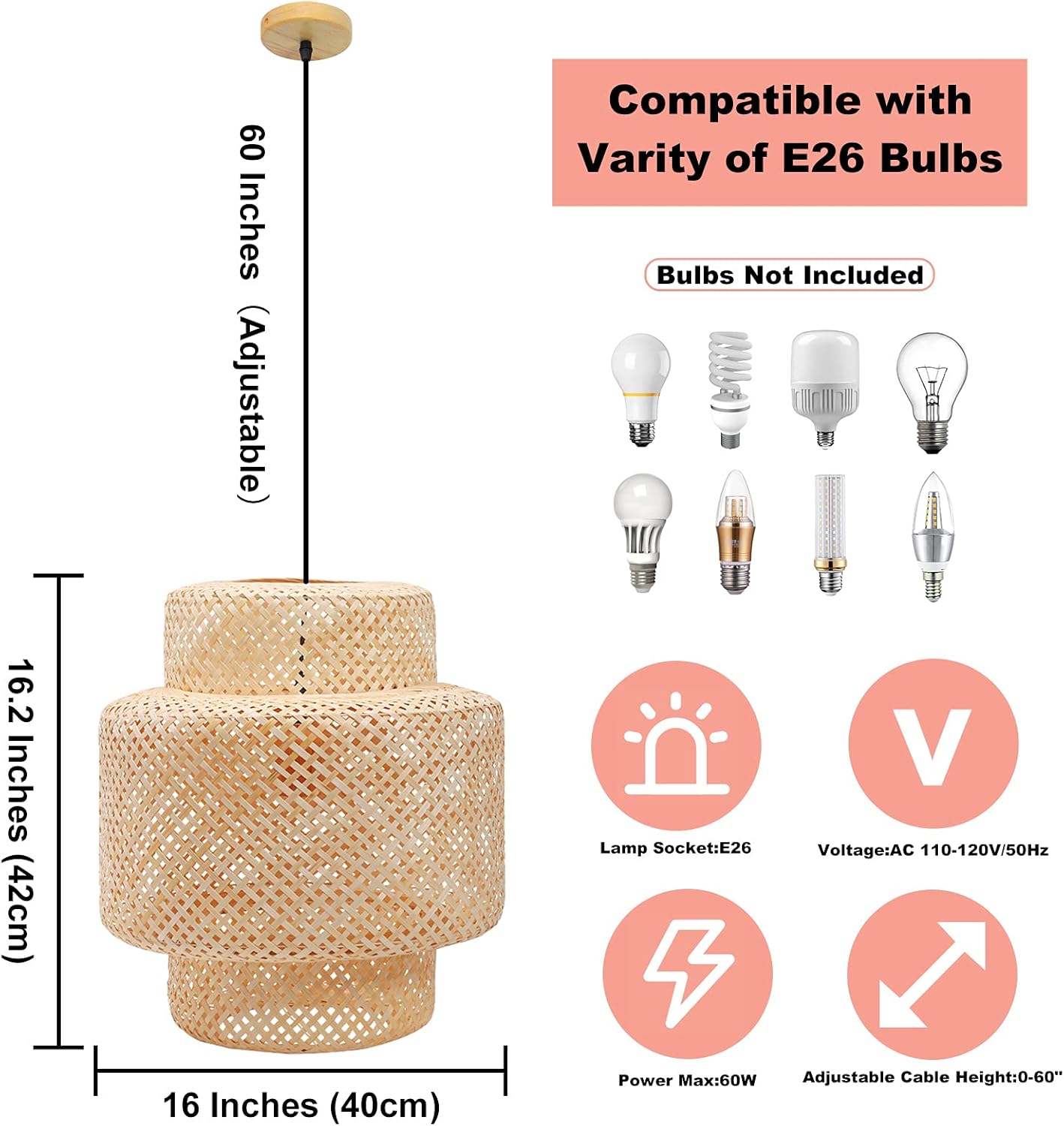 Frontsea Rattan Pendant Lighting for Kitchen | Bamboo Lampshade Handmade Weave Lighting | Wooden Boho Decor | Modern Hanging Ceiling Light Fixture (16inch)