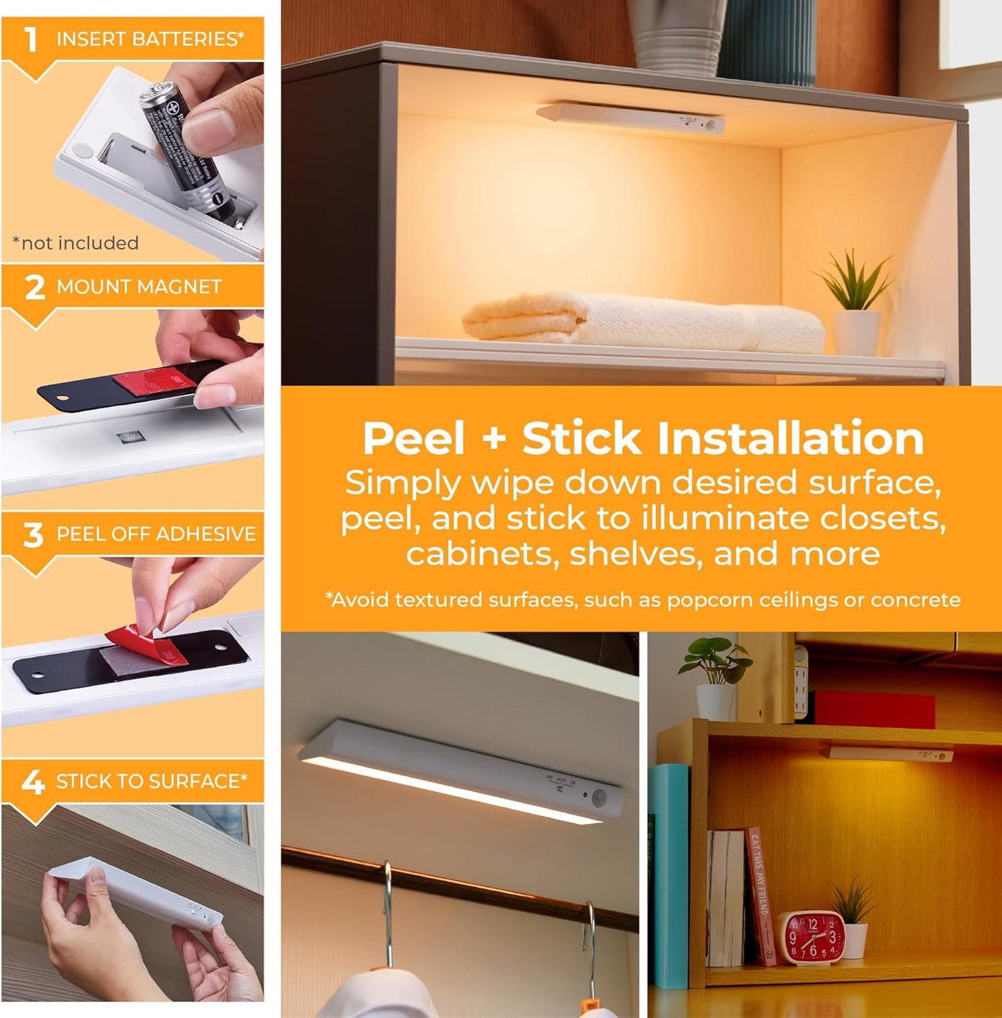 BLACK+DECKER PureOptics LED Battery Operated Under Cabinet Lighting, Motion Sensor On/Off, Warm White LED, Stick-On Install for Kitchen & Closets – 2 Bars