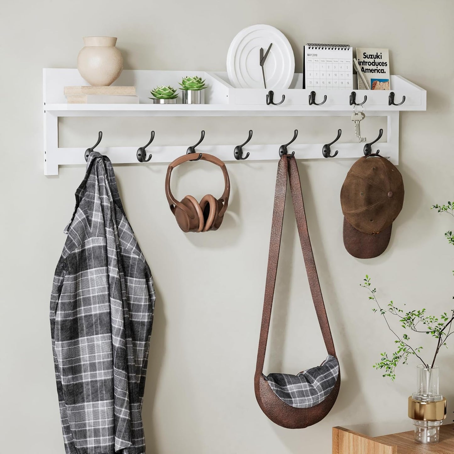 AMBIRD Wall Hooks with Shelf 26.57inch Entryway Wall Hanging Shelf Wood Coat Hooks for Wall with Shelf Coat Rack Wall Mount Rack with 5 Dual Hooks 3 Key Hooks Mail Organizer and Key Rack Key Holder