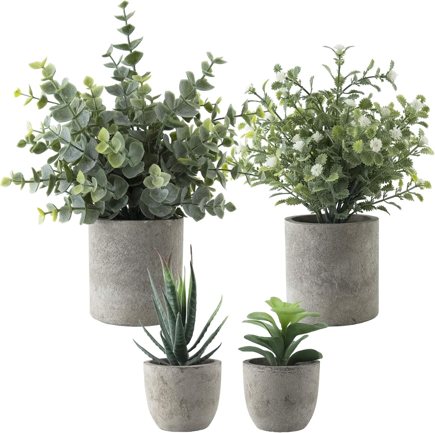 4 Pack Mini Artificial Plants, 1 Eucalyptus Plant & 1 Gypsophila Plant & 2 Faux Succulent Plants for Home Indoor Decor Office Desk Shower Room Bathroom Table Decoration