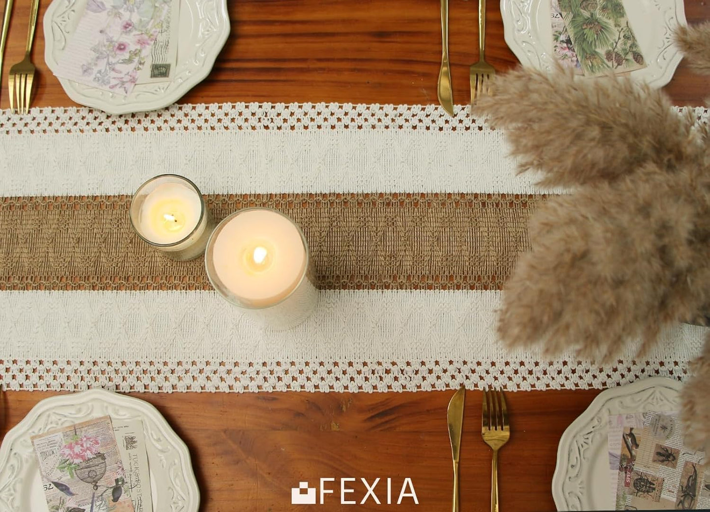 FEXIA Boho Table Runner for Fall Home Decor with Tassels 72 Inches Long Farmhouse Rustic Table Runner Macrame Burlap Table Decoration for Living Room Bridal Shower(12x72 Inches)