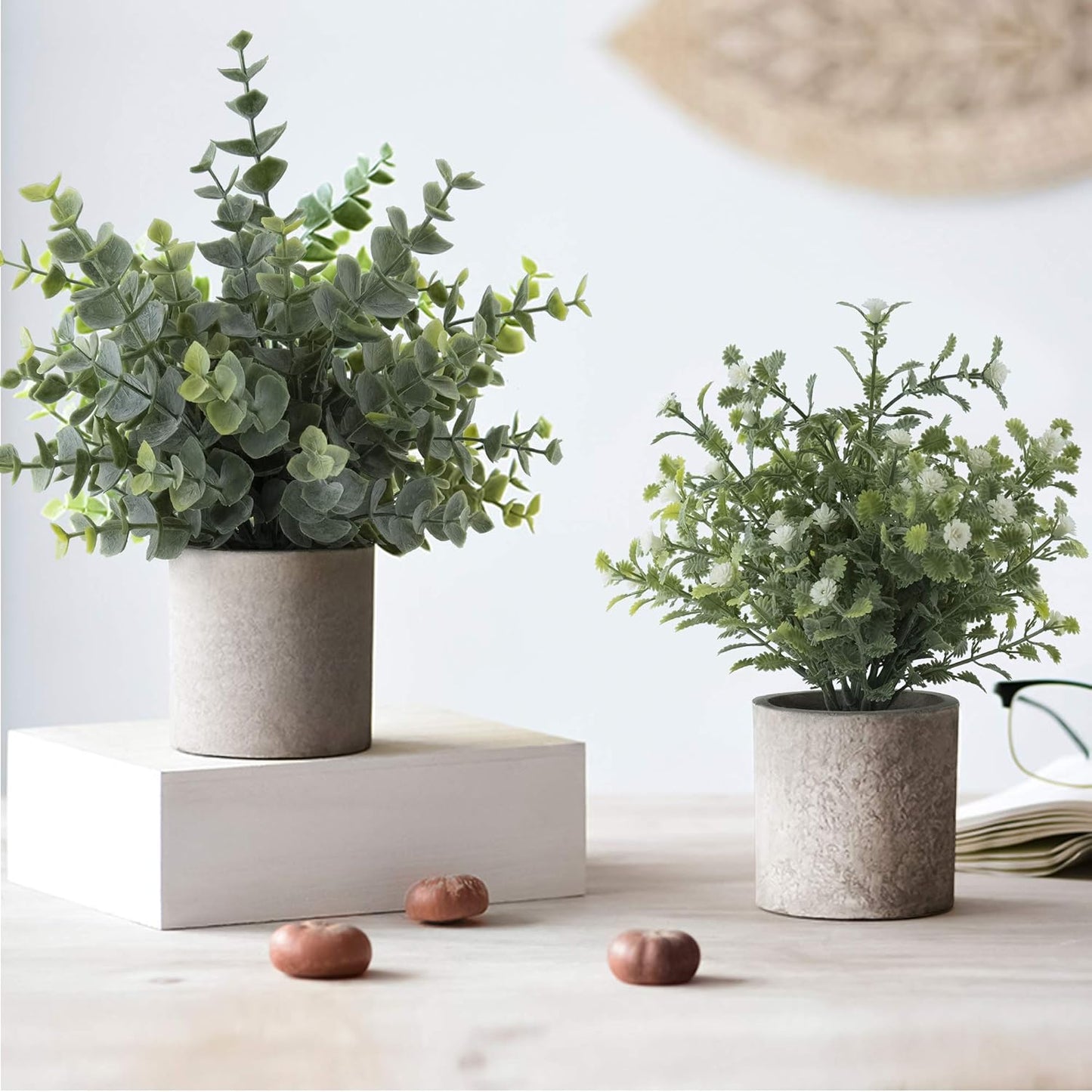 4 Pack Mini Artificial Plants, 1 Eucalyptus Plant & 1 Gypsophila Plant & 2 Faux Succulent Plants for Home Indoor Decor Office Desk Shower Room Bathroom Table Decoration