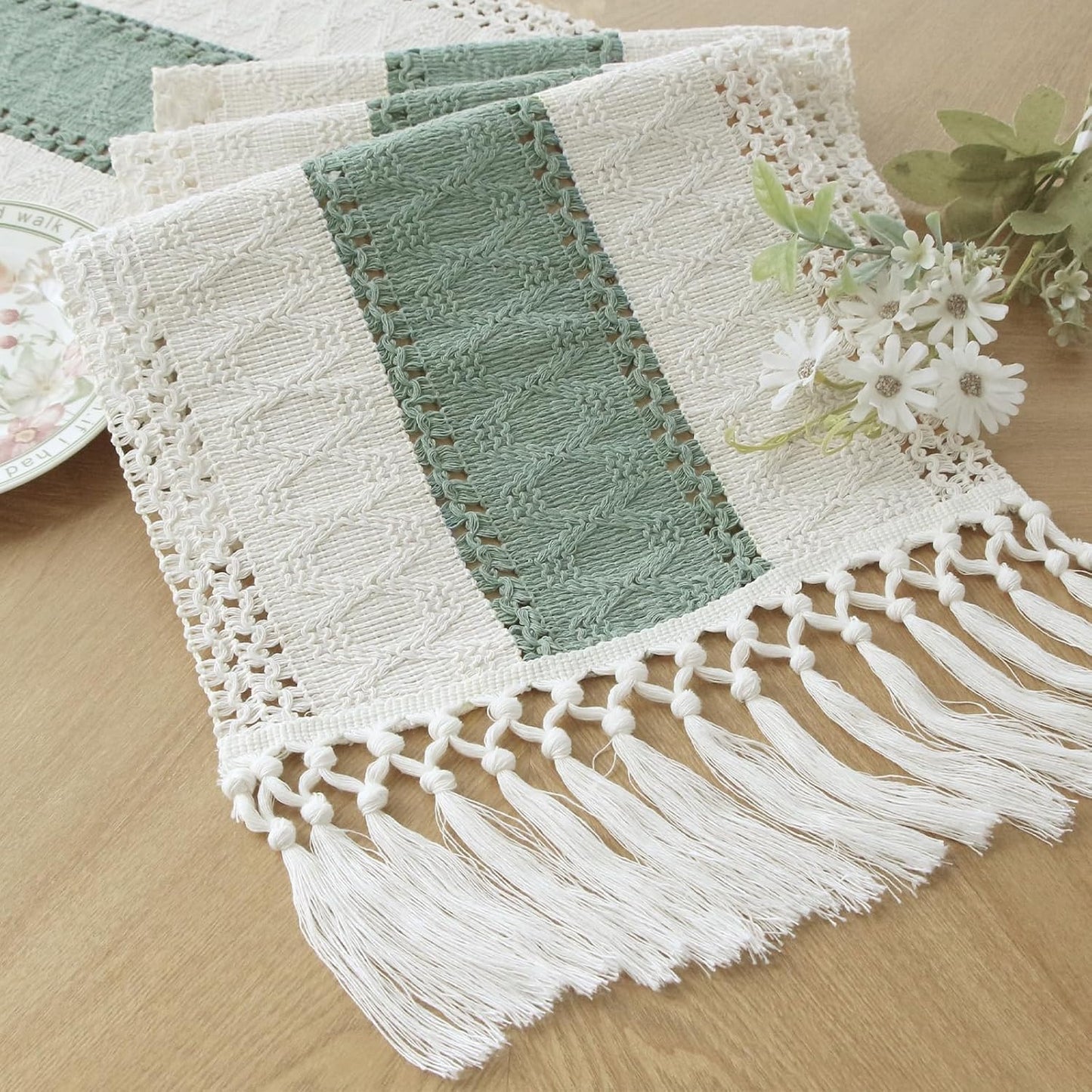 FEXIA Boho Table Runner for Fall Home Decor with Tassels 72 Inches Long Farmhouse Rustic Table Runner Macrame Burlap Table Decoration for Living Room Bridal Shower(12x72 Inches)