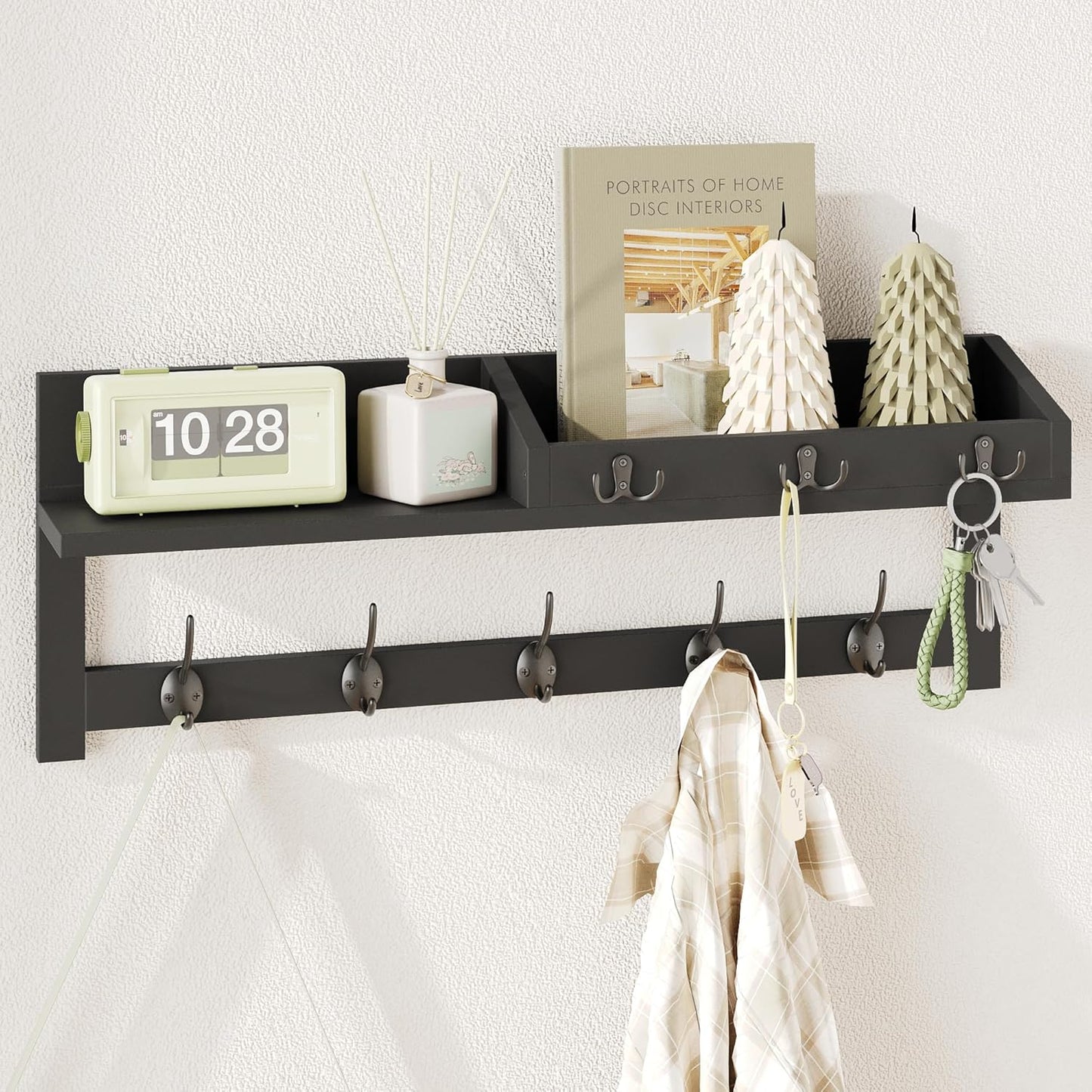 AMBIRD Wall Hooks with Shelf 26.57inch Entryway Wall Hanging Shelf Wood Coat Hooks for Wall with Shelf Coat Rack Wall Mount Rack with 5 Dual Hooks 3 Key Hooks Mail Organizer and Key Rack Key Holder