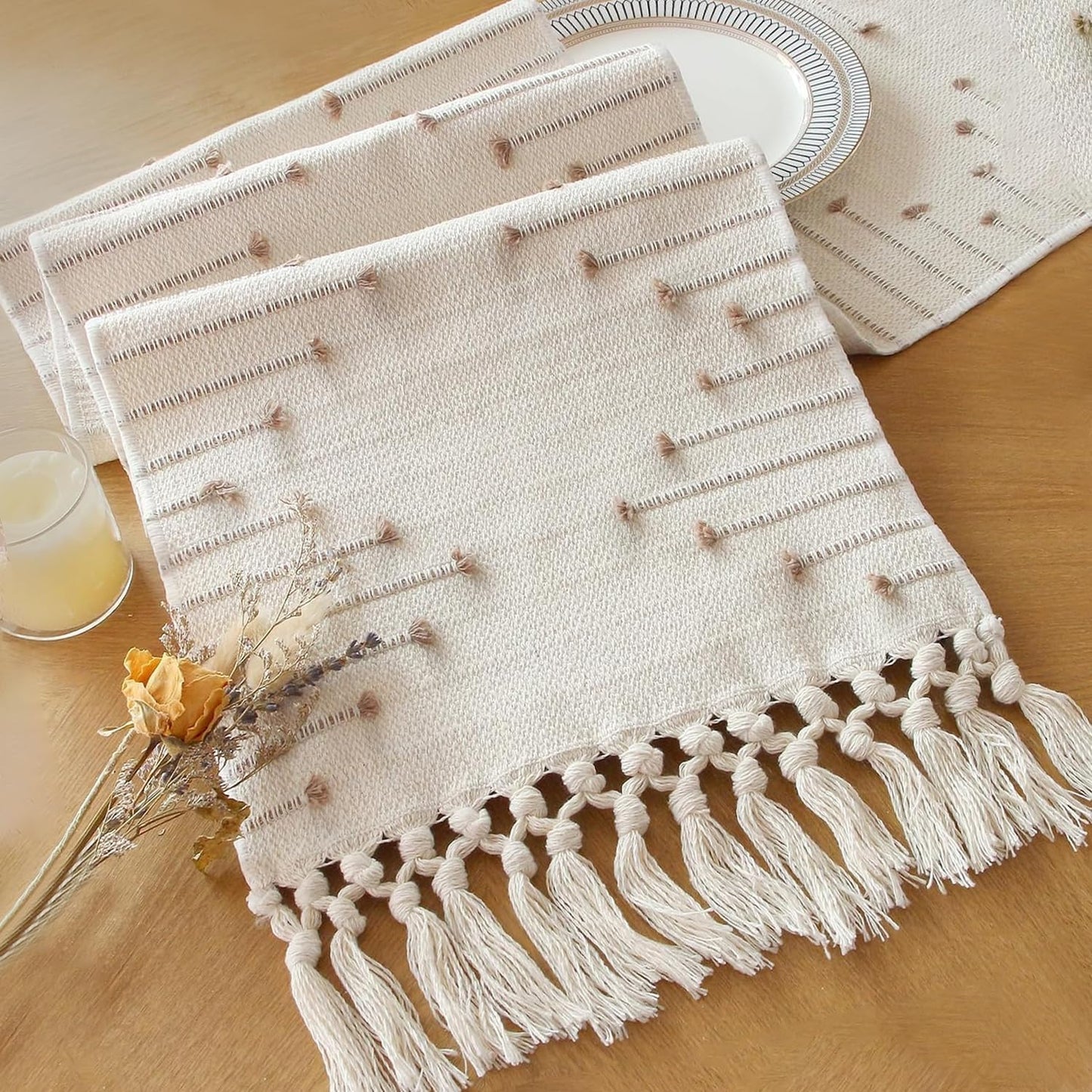 FEXIA Boho Table Runner for Fall Home Decor with Tassels 72 Inches Long Farmhouse Rustic Table Runner Macrame Burlap Table Decoration for Living Room Bridal Shower(12x72 Inches)