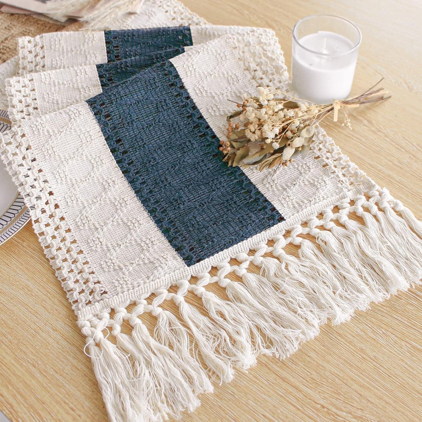 FEXIA Boho Table Runner for Fall Home Decor with Tassels 72 Inches Long Farmhouse Rustic Table Runner Macrame Burlap Table Decoration for Living Room Bridal Shower(12x72 Inches)