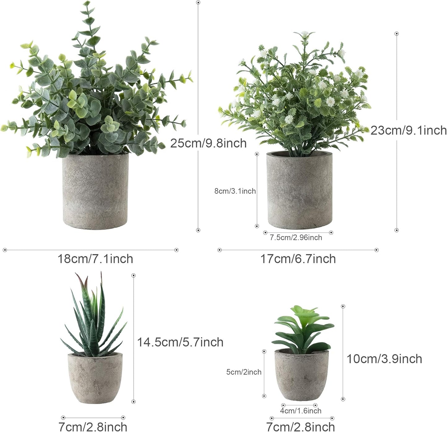4 Pack Mini Artificial Plants, 1 Eucalyptus Plant & 1 Gypsophila Plant & 2 Faux Succulent Plants for Home Indoor Decor Office Desk Shower Room Bathroom Table Decoration