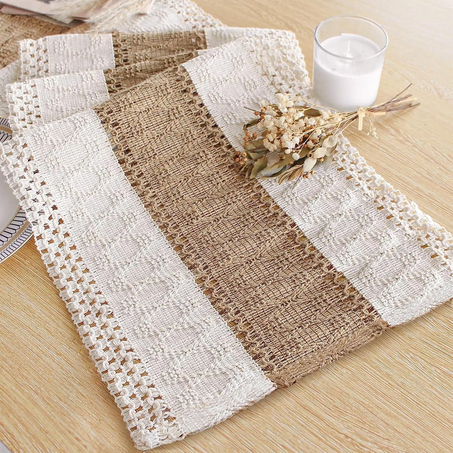 FEXIA Boho Table Runner for Fall Home Decor with Tassels 72 Inches Long Farmhouse Rustic Table Runner Macrame Burlap Table Decoration for Living Room Bridal Shower(12x72 Inches)