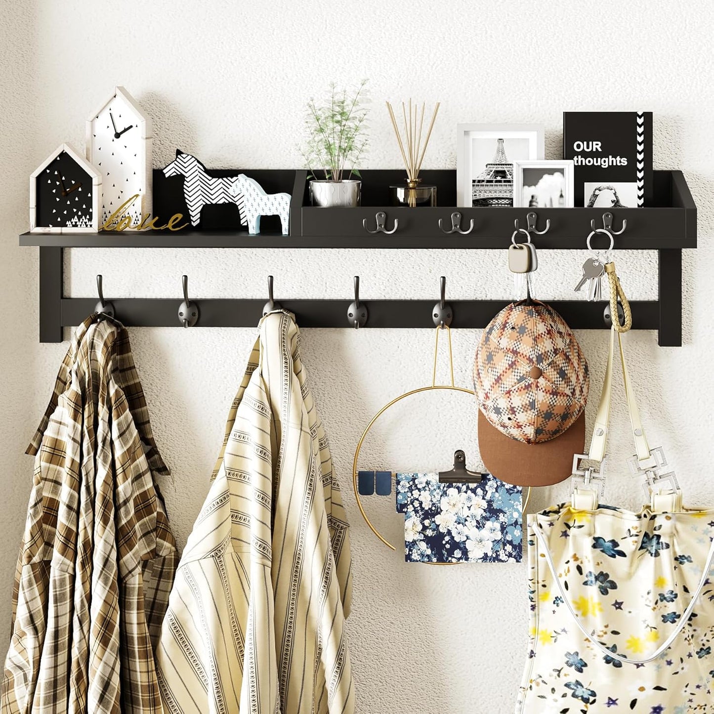 AMBIRD Wall Hooks with Shelf 26.57inch Entryway Wall Hanging Shelf Wood Coat Hooks for Wall with Shelf Coat Rack Wall Mount Rack with 5 Dual Hooks 3 Key Hooks Mail Organizer and Key Rack Key Holder