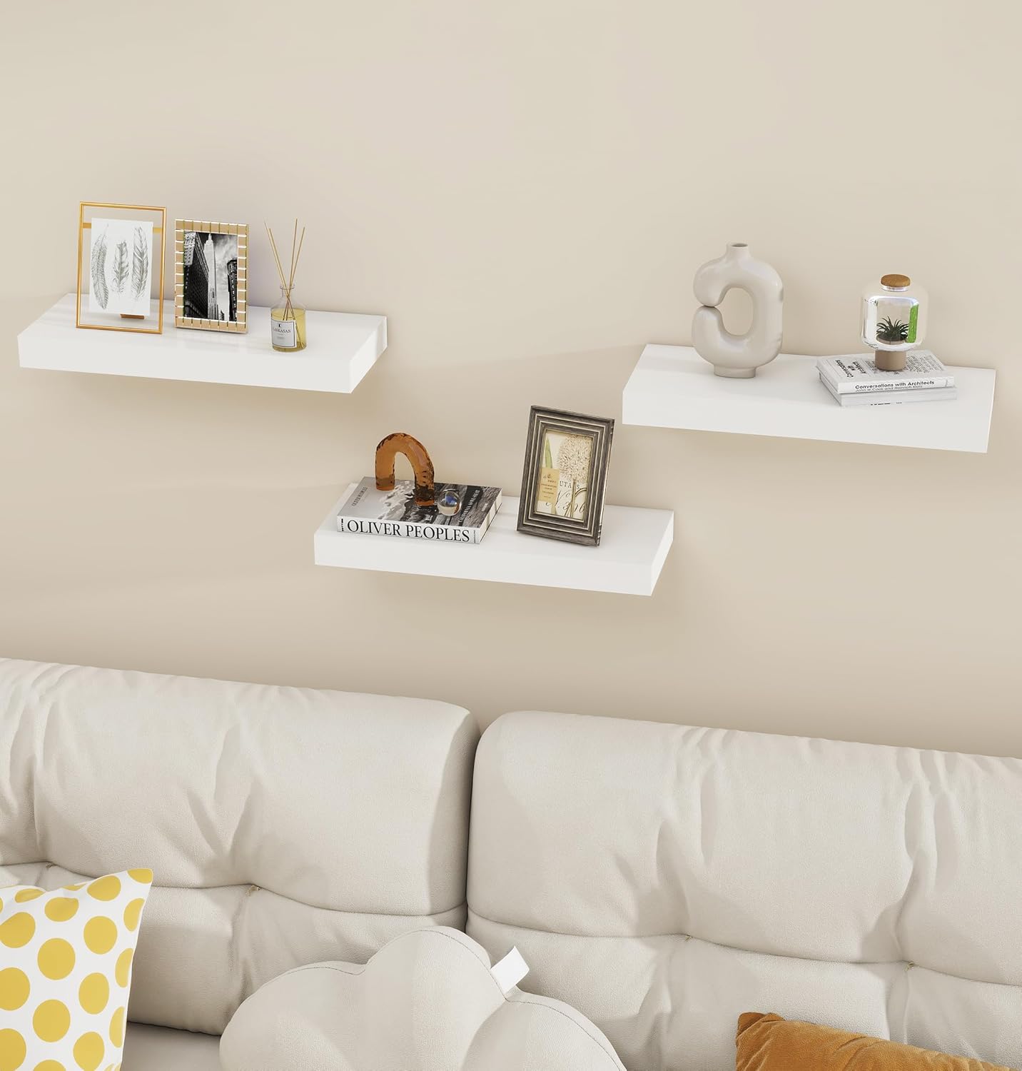 Vervida Floating Shelves 3 Pack of 15 in White for Home Decor and Storage, Kitchen, Living Room, Bedroom, Bathroom, Office, Hanging Shelf with Invisible Brackets Wall Shelves Floating Shelf