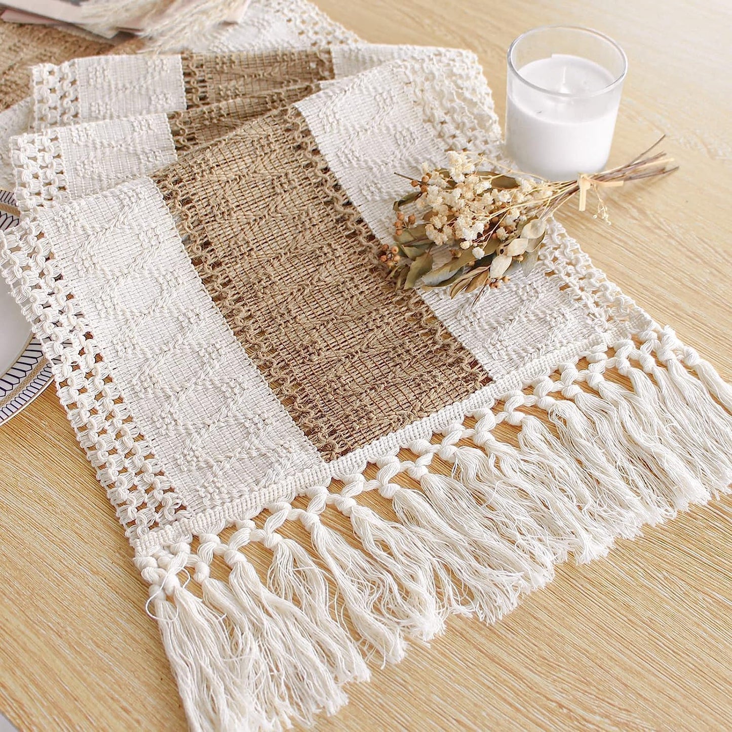 FEXIA Boho Table Runner for Fall Home Decor with Tassels 72 Inches Long Farmhouse Rustic Table Runner Macrame Burlap Table Decoration for Living Room Bridal Shower(12x72 Inches)