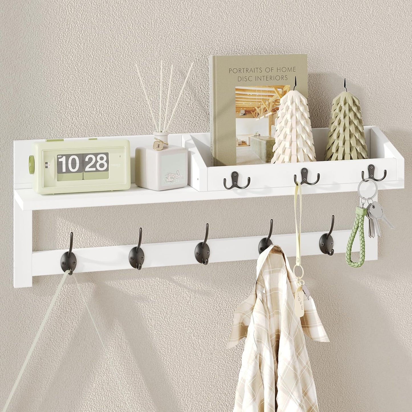 AMBIRD Wall Hooks with Shelf 26.57inch Entryway Wall Hanging Shelf Wood Coat Hooks for Wall with Shelf Coat Rack Wall Mount Rack with 5 Dual Hooks 3 Key Hooks Mail Organizer and Key Rack Key Holder