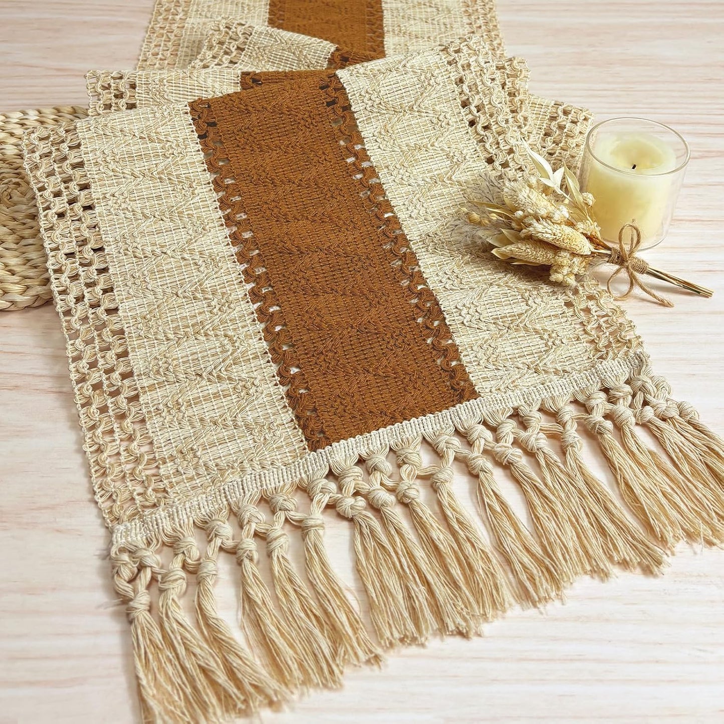 FEXIA Boho Table Runner for Fall Home Decor with Tassels 72 Inches Long Farmhouse Rustic Table Runner Macrame Burlap Table Decoration for Living Room Bridal Shower(12x72 Inches)