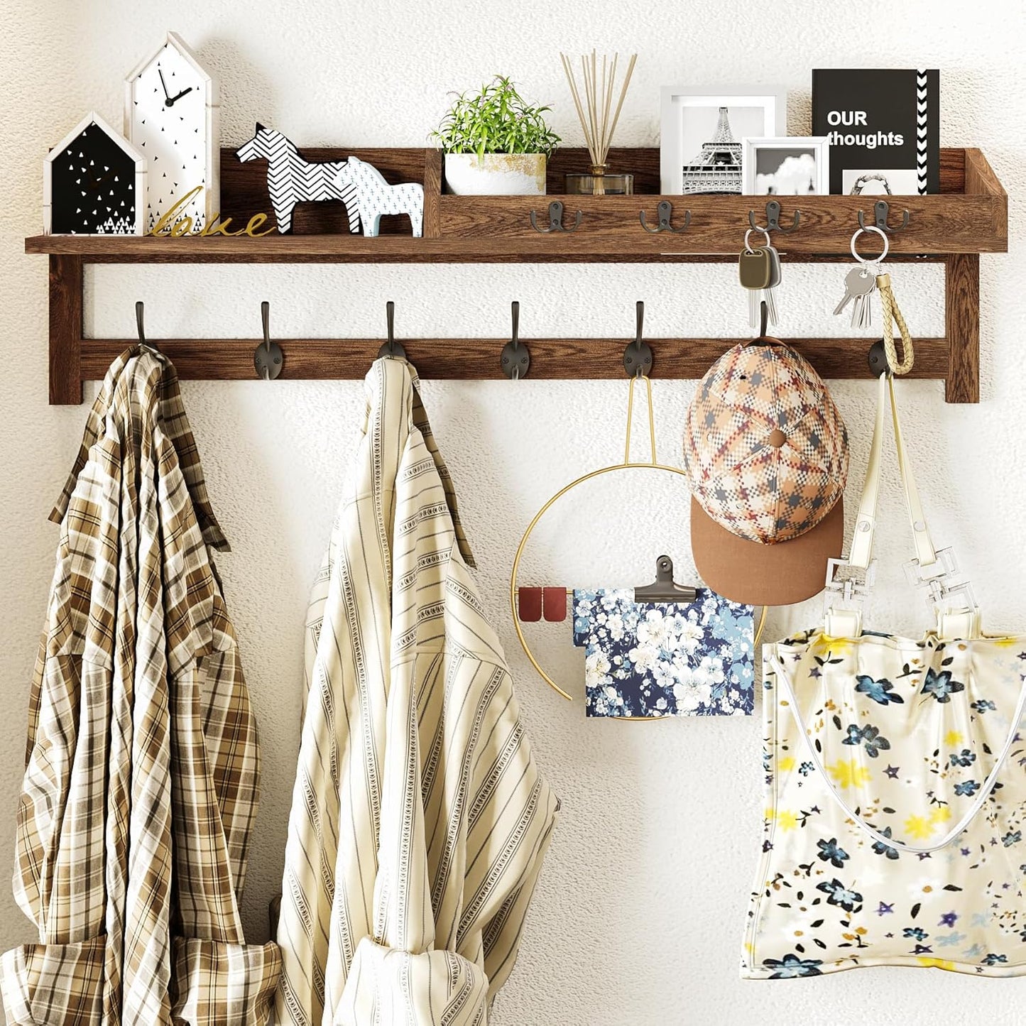 AMBIRD Wall Hooks with Shelf 26.57inch Entryway Wall Hanging Shelf Wood Coat Hooks for Wall with Shelf Coat Rack Wall Mount Rack with 5 Dual Hooks 3 Key Hooks Mail Organizer and Key Rack Key Holder