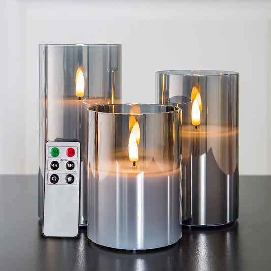 Eywamage Smoke Grey Glass Flameless Candles with Remote, Flickering Battery Operated LED Pillar Candles Set of 3