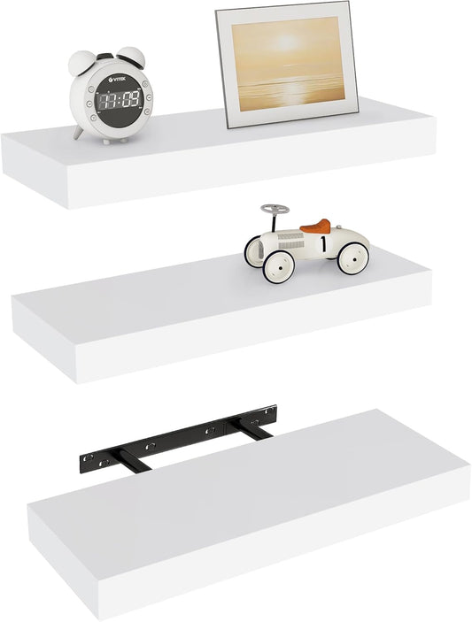 Vervida Floating Shelves 3 Pack of 15 in White for Home Decor and Storage, Kitchen, Living Room, Bedroom, Bathroom, Office, Hanging Shelf with Invisible Brackets Wall Shelves Floating Shelf
