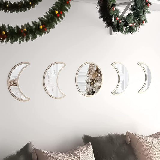 5 Piece Moon Phase Mirror Set, Scandinavian Natural Decor Wall Decorative Mirror Home Decor Bohemian Moon Mirror for Living Room Bedroom, Acrylic Mirror, Not Real Mirror(Beige)