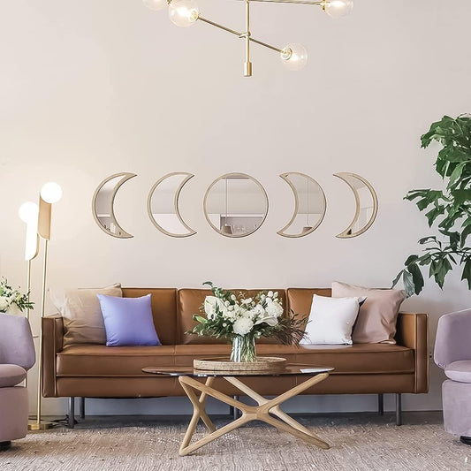5 Piece Moon Phase Mirror Set, Scandinavian Natural Decor Wall Decorative Mirror Home Decor Bohemian Moon Mirror for Living Room Bedroom, Acrylic Mirror, Not Real Mirror(Beige)