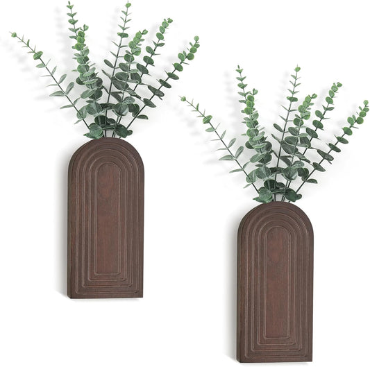 Dahey Wood Wall Vase Planter with Artificial Eucalyptus, 2 Pack Hanging Planter for Indoor Fake Plants Modern Boho Farmhouse Wall Art Decor for Bathroom Bedroom Kitchen Office Home Decoration, Brown