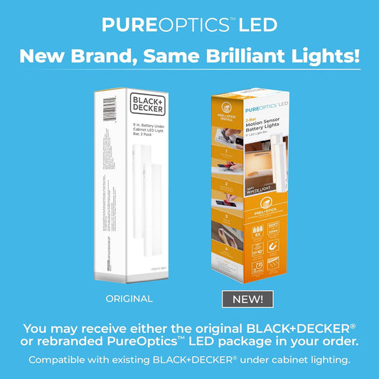 BLACK+DECKER PureOptics LED Battery Operated Under Cabinet Lighting, Motion Sensor On/Off, Warm White LED, Stick-On Install for Kitchen & Closets – 2 Bars