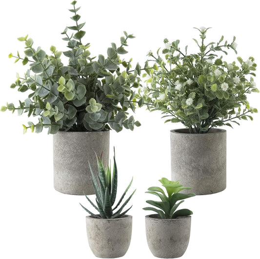 4 Pack Mini Artificial Plants, 1 Eucalyptus Plant & 1 Gypsophila Plant & 2 Faux Succulent Plants for Home Indoor Decor Office Desk Shower Room Bathroom Table Decoration
