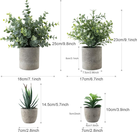 4 Pack Mini Artificial Plants, 1 Eucalyptus Plant & 1 Gypsophila Plant & 2 Faux Succulent Plants for Home Indoor Decor Office Desk Shower Room Bathroom Table Decoration